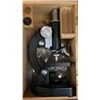 Image 7 : SHELF OF ASSORTED ANTIQUE COLLECTABLES- BRASS OIL LAMPS, VINTAGE MICROSCOPE, FRAMED PHOTOGRAPHS,