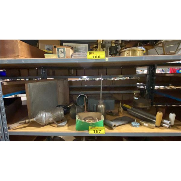 SHELF OF ASSORTED ANTIQUE COLLECTABLES- OIL LAMP, OIL CANS, FUNNELS, WASHBOARD, PARTS & MORE