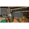 Image 6 : SHELF OF ASSORTED ANTIQUE COLLECTABLES- OIL LAMP, OIL CANS, FUNNELS, WASHBOARD, PARTS & MORE