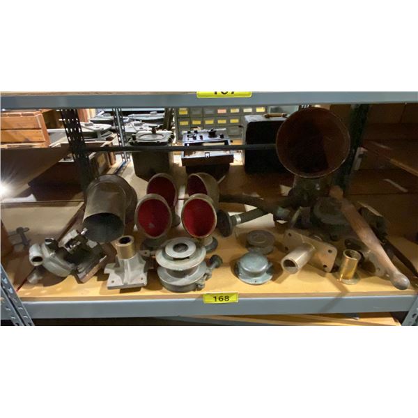 SHELF OF ASSORTED VINTAGE ITEMS- MARINE AIR VENTS, INDUSTRIAL MARINE VALVE, VINTAGE SEAWATER PUMP &