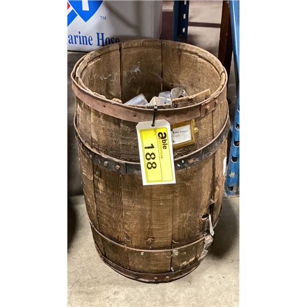 SMALL WOODEN BARREL OF VINTAGE CHROME PLATED FLAG POLE SOCKETS