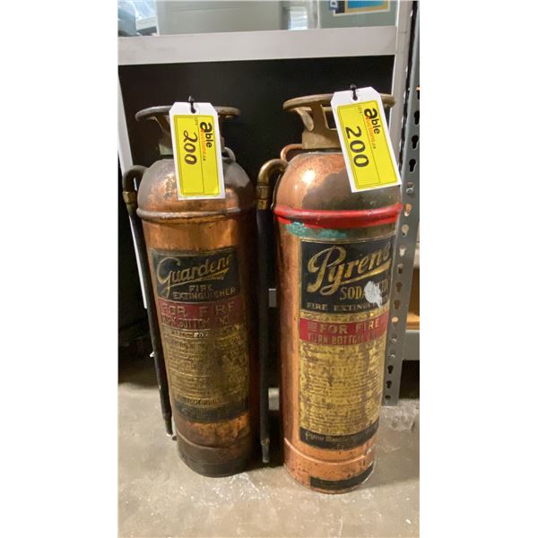 GUARDENE & PYRENE VINTAGE COPPER/BRASS SODA-ACID FIRE EXTINGUISHERS WITH HOSES