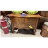 Image 1 : 2 PC ANTIQUE FURNITURE- DARK WOOD 4 DRAWER WRITING DESK 41"W & DARK WOOD 3 DRAWER CURVED FRONT