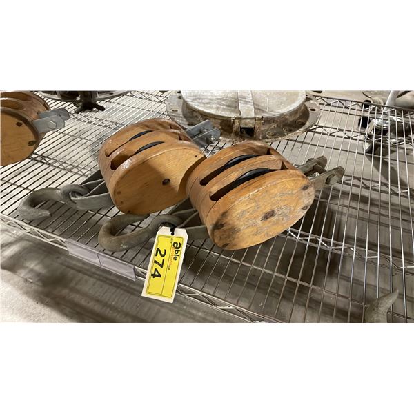 2 VINTAGE MARITIME WOODEN BLOCK PULLEYS