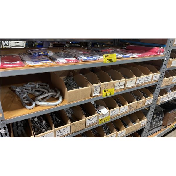 SHELF OF ASSORTED GALVANIZED VINTAGE MARINE HARDWARE