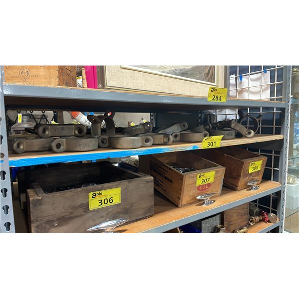 SHELF OF ASSORTED VINTAGE MARINE PARTS & HARDWARE
