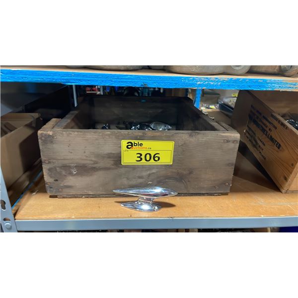 VINTAGE WOODEN BOX OF VINTAGE CHROME PLATED MARINE DOCK CLEATS