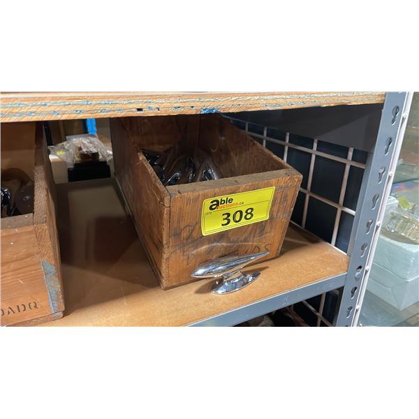 VINTAGE WOODEN BOX OF VINTAGE CHROME PLATED MARINE DOCK CLEATS