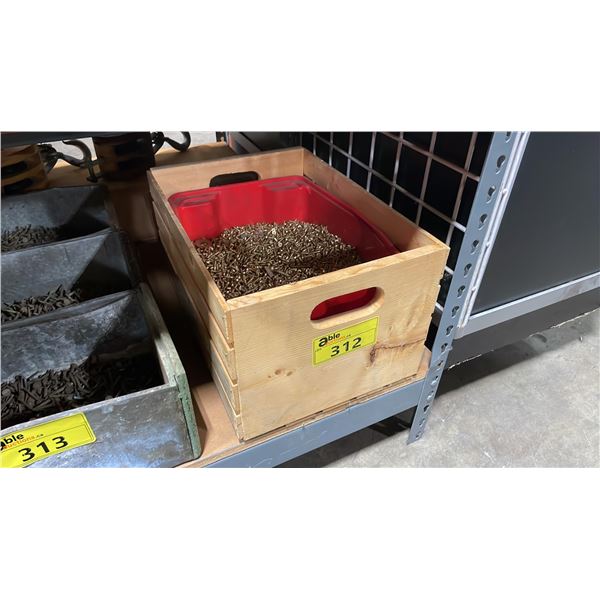 WOODEN CRATE/BIN OF ASSORTED BRASS SCREWS