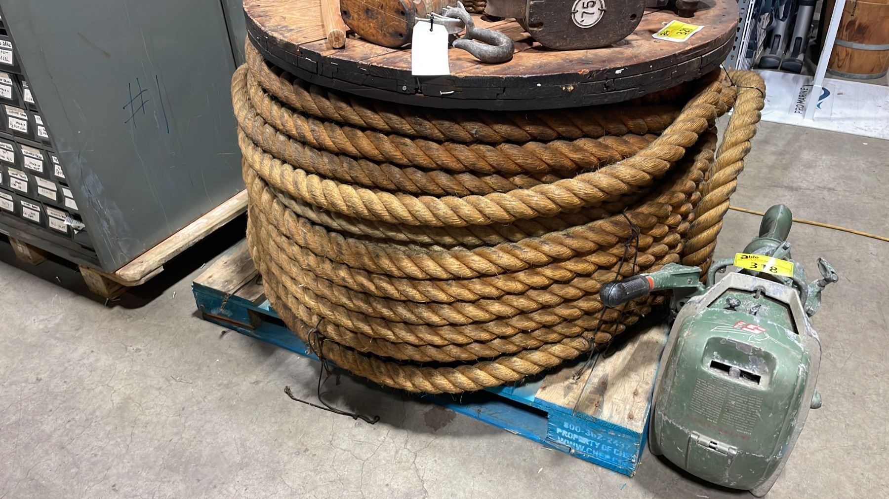 Big Rope Spool LARGE WOODEN SPOOL OF HEAVY DUTY VINTAGE NAUTICAL ROPE - Able Auctions