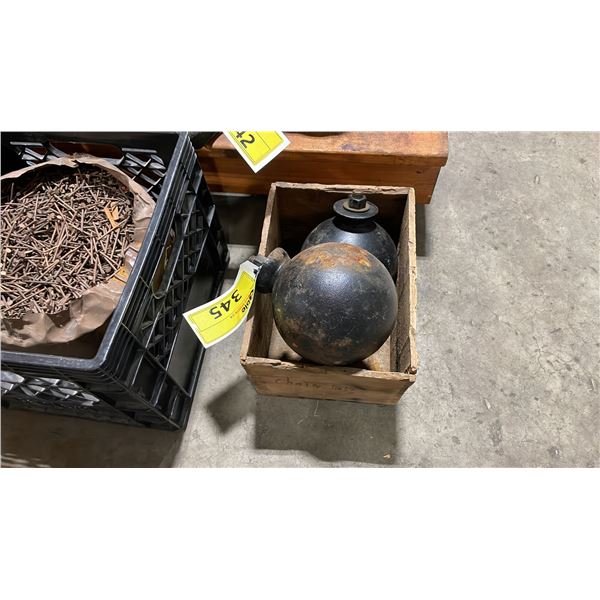 PAIR OF CAST IRON BINNACLE BALLS/QUADRANTAL SPHERES IN WOODEN CRATE