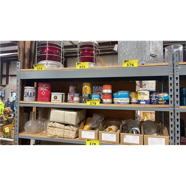 SHELF OF ASSORTED VINTAGE CANS OF MARINE PRODUCT