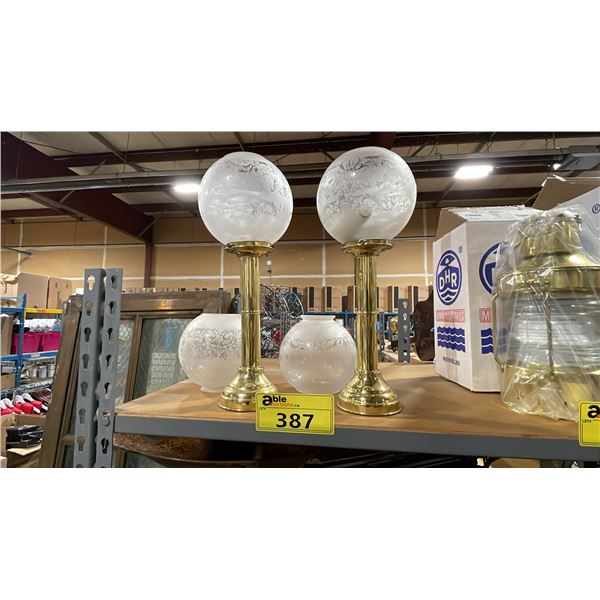 PAIR OF VINTAGE DECORATIVE BRASS PILLAR LAMPS WITH EXTRA GLASS SHADES