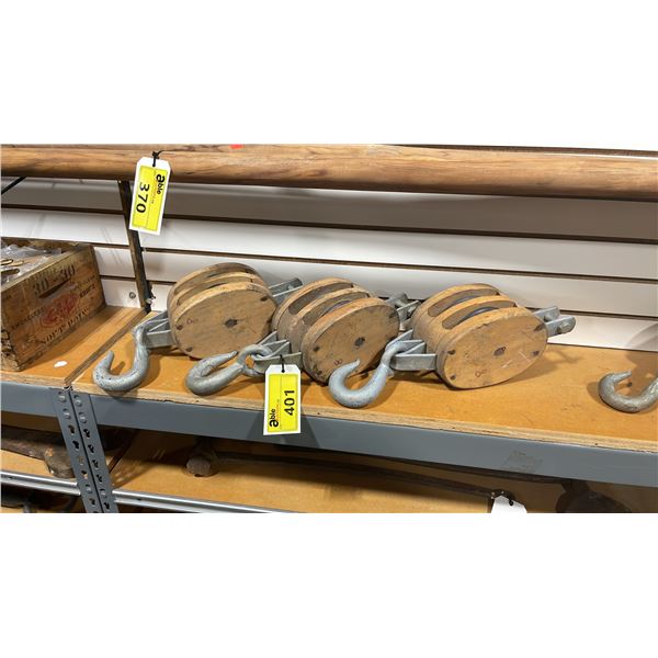 3 VINTAGE MARITIME WOODEN BLOCK PULLEYS