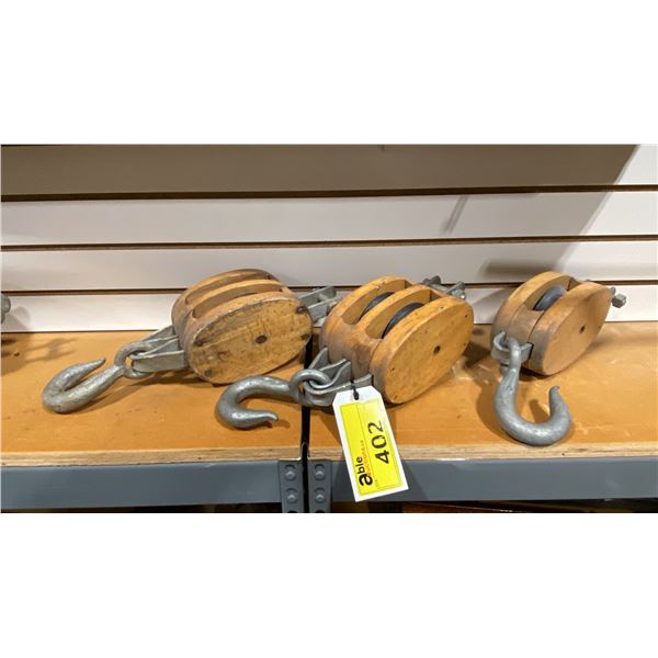 3 VINTAGE MARITIME WOODEN BLOCK PULLEYS