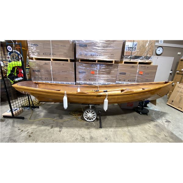 14' HANDCRAFTED WOODEN DOUBLE ROWING TENDER BOAT WITH 2 SETS OF OARS & MOBILE WHEEL STAND