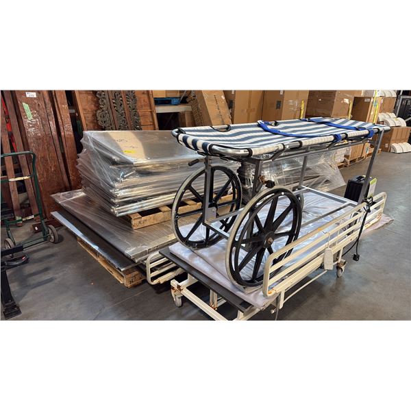 4 PALLETS OF STAINLESS STEEL BATHROOM ENCLOSURES AND 3 GURNEYS