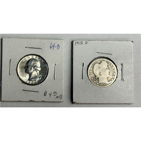BARBER SILVER QUARTER DOLLAR - 1915D; WASHINGTON SILVER QUARTER DOLLAR - 1964D