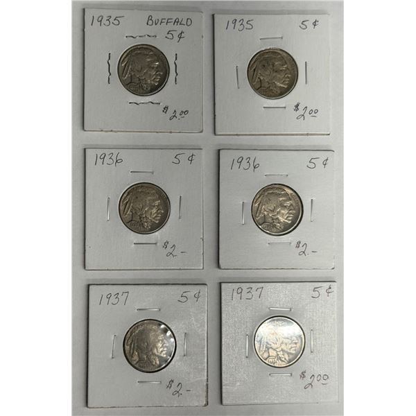BUFFALO (INDIAN HEAD) NICKELS - 1935 (X2), 1936 (X2), 1937 (X2)