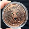 Image 2 : COPPER BULLION ROUND - 5 AVDP OUNCE .999 FINE COPPER DARK WOLF WITH GLOWING EYES