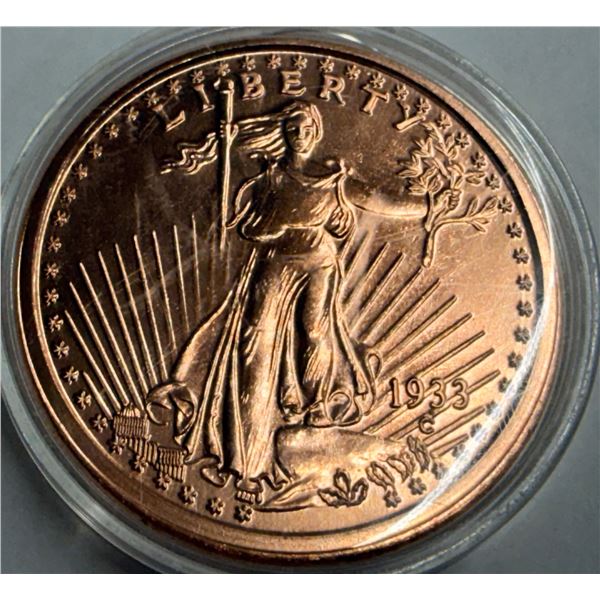 COPPER BULLION ROUND - 1 AVDP OUNCE .999 FINE COPPER SAINT GAUDENS $20 REPLICA IN COPPER BULLION