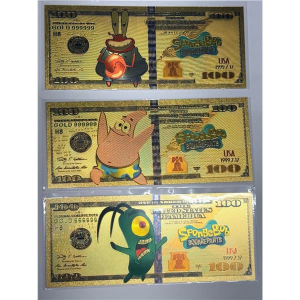 $100 NOVELTY 24K .9999 GOLD PLATED FOIL NOTES - SPONGEBOB'S FRIENDS (X3)