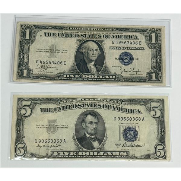 SILVER CERTIFICATES - $5 SERIES 1953A, AND $1 SERIES 1935C - BLUE TREASURY SEALS