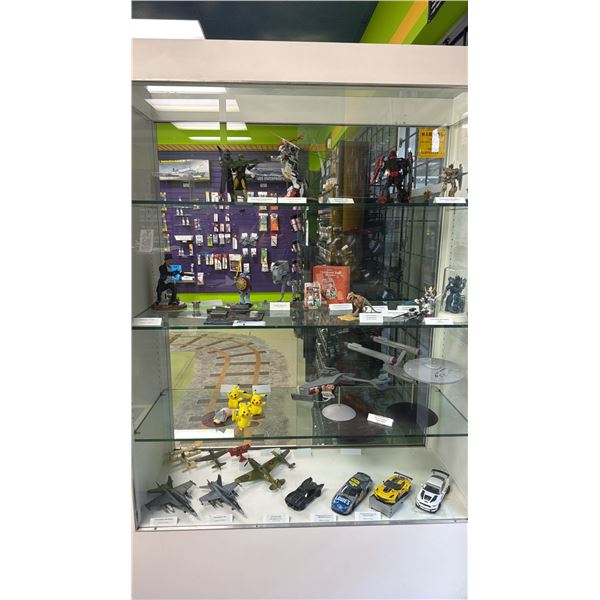 CONTENTS OF SHOWCASE INCLUDING; ANIME FIGURINES, MODEL CARS, MODEL PLANES & MORE