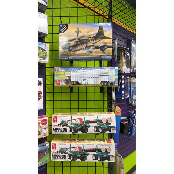 (4) ASSORTED MODEL KITS INCLUDING; ACADEMY B-17F MEMPHIS BELLE PLANE, AMI WILSON LIVESTOCK VAN & (2)