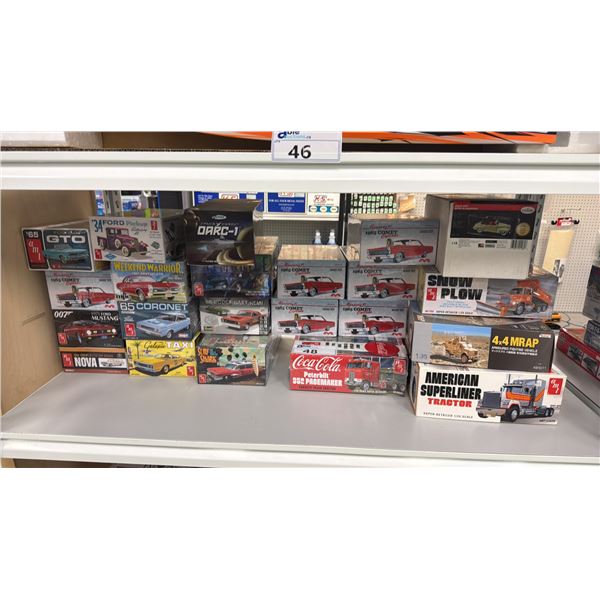 SHELF OF ASSORTED MODEL CARS INCLUDING; AMI SNOW PLOW, AMI COCA COLA PETERBILT 352 PACEMAKER, AMI