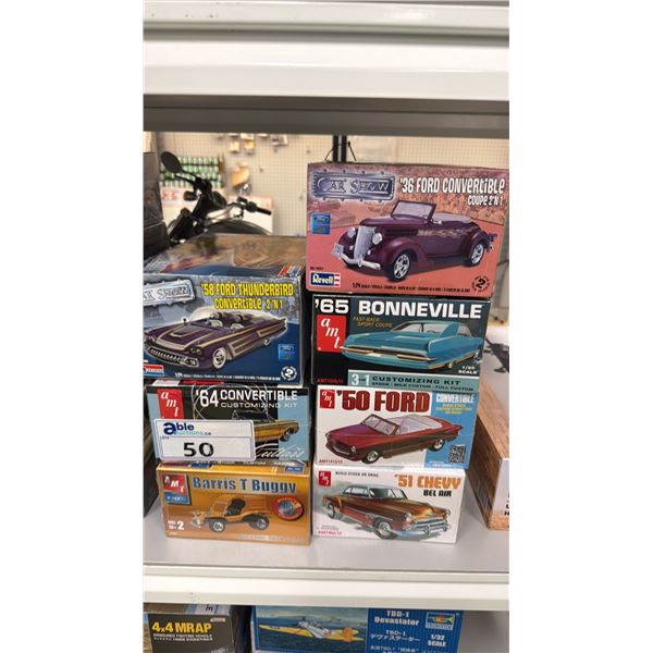 (7) ASSORTED MODEL CARS INCLUDING; AMI 1965 BONNEVILLE, REVELL 1936 FOR CONVERTIBLE COUPE, AMI 1951