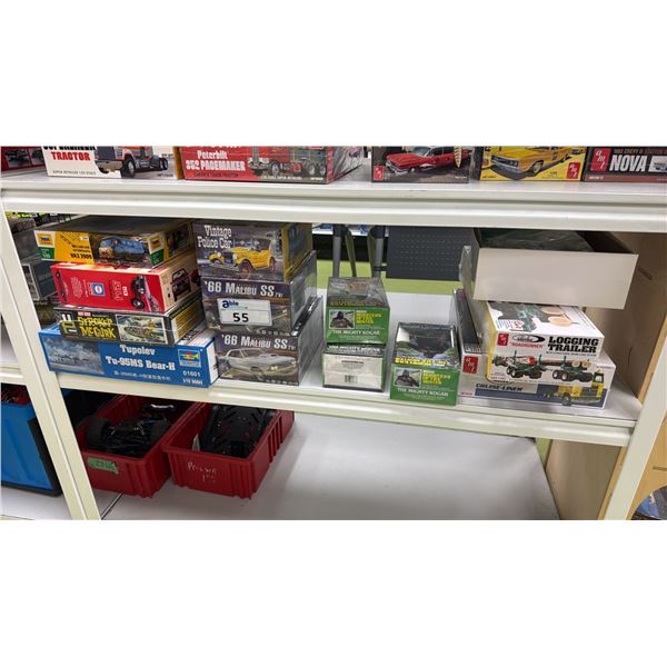 SHELF OF ASSORTED MODEL VEHICLES & FIGURES INCLUDING; 1966 MALIBU SS, THE MIGHTY KOGAR, TUPOLEV