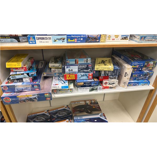 SHELF OF ASSORTED MODEL KITS INCLUDING; EF-111A RAVEN, PANAVIA TORNADO GR4, FULCRUM B RUSSIAN AIR