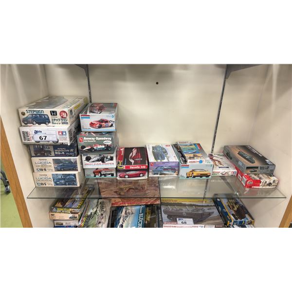 SHELF OF ASSORTED MODEL VEHICLE KITS INCLUDING; SUZUKI WAGON-R, TOYOTA ESTIMA LUCIDA, CORVETTE INDY