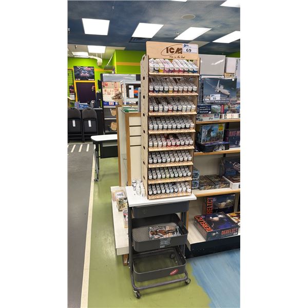 ICM MODEL PAINT DISPLAY RACK WITH PAINT CONTENTS & PORTABLE CART WITH TRAY