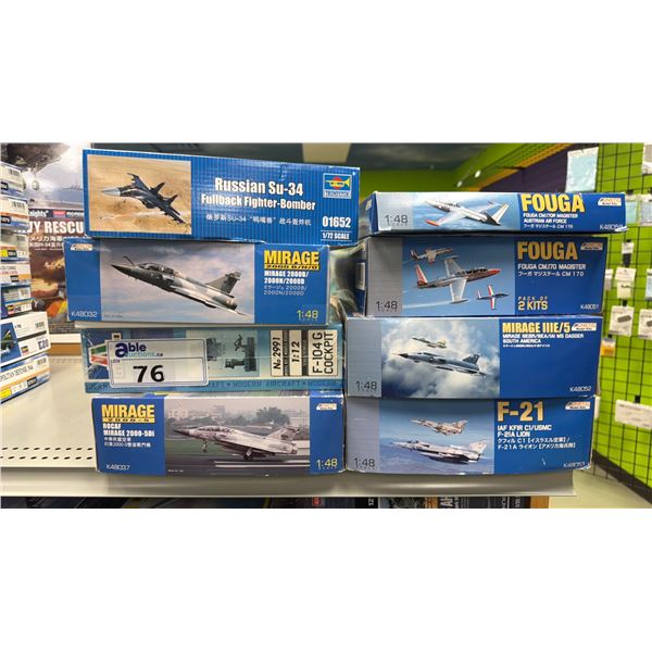 (8) ASSORTED MODEL AIRCRAFT KITS INCLUDING; RUSSIAN SU-34 FULLBACK FIGHTER-BOMBER, FOUGA CM.170R
