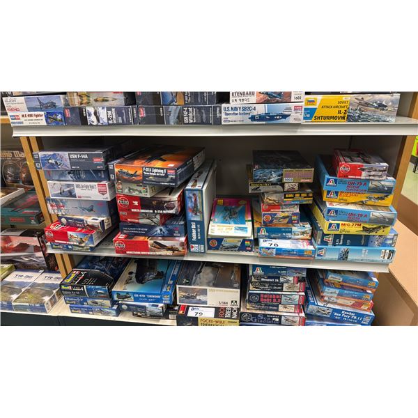 SHELF OF ASSORTED MODEL KITS INCLUDING; NORTH AMERICAN B-25B MITCHELL, ARMSTRONG WHITWORTH WHITLEY