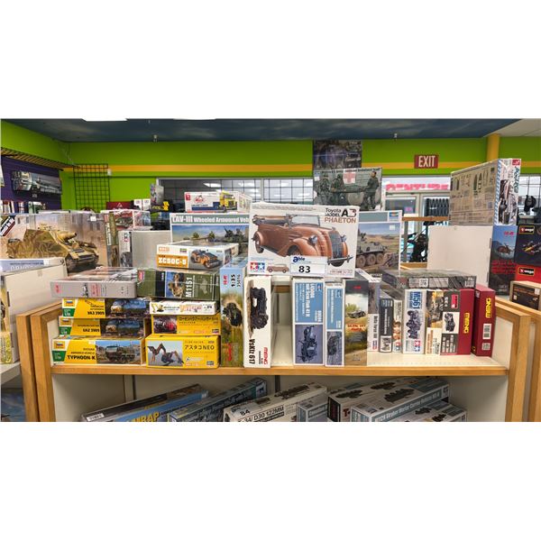 SHELF OF ASSORTED MODEL KITS INCLUDING; TOYOTA MODEL A3 PHAETON, LAV-III WHEELED ARMOURED VEHICLE,