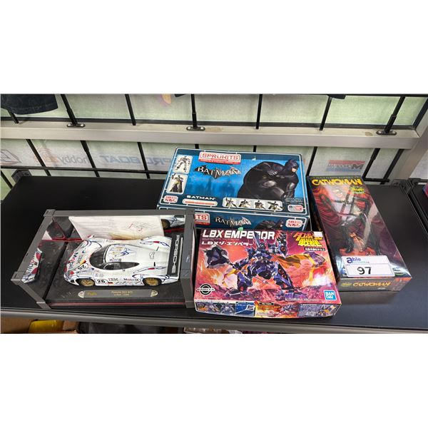 SHELF OF ASSORTED MODEL KITS INCLUDING; BANDAI LBX EMPEROR, SPRUKITS BATMAN ARKHAM CITY, SPAWN 1/8