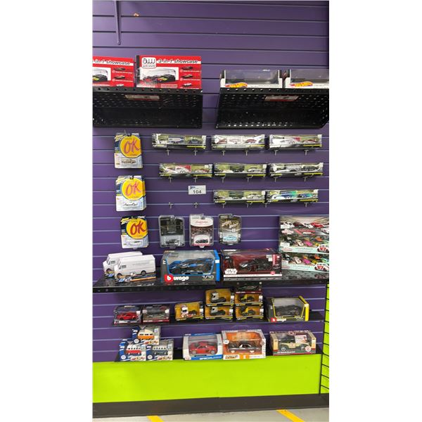 WALL OF ASSORTED MODEL CARS INCLUDING; STAR WARS DARTH VADER & PORSCHE 911 GT3 RS, BURAGO BUGATTI