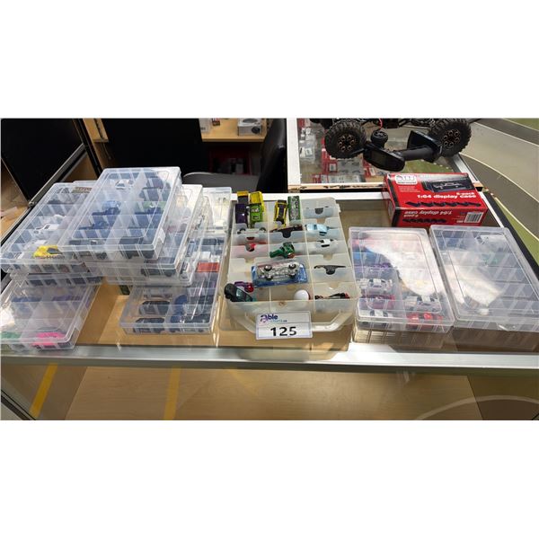SHELF OF TOY ORGANIZERS WITH ASSORTED HOT WHEELS CARS CONTENTS & 6-PACK 1:64 MODEL DISPLAY CASE