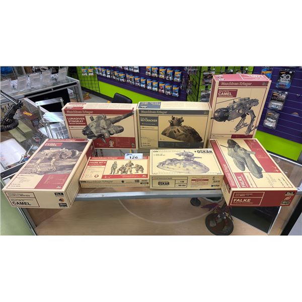 (7) ASSORTED HASEGAWA MODEL KITS INCLUDING; LUNA TACTICAL RECONNAISSANCE MACHINE LUM-168 CAMEL