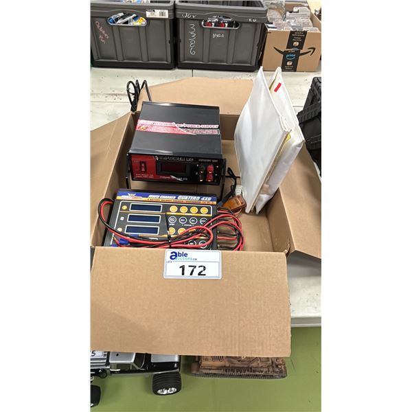 BOX OF ASSORTED ITEMS INCLUDING; G.T. POWER RC 12V BATTERY CHARGER, HOBBY KING MULTI CHARGER