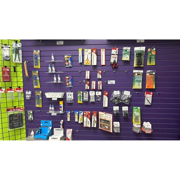 WALL OF ASSORTED R/C, HOBBY & MODEL CAR ACCESSORIES & TOOLS