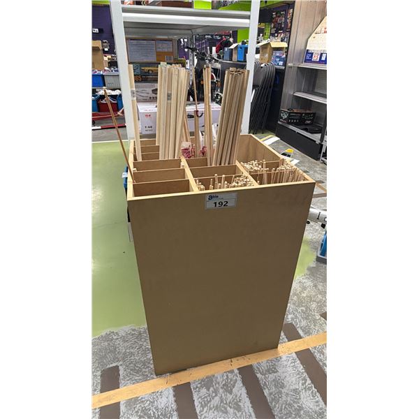 WOOD ORGANIZER CRATE WITH ASSORTED LENGTHS OF WOOD RODS