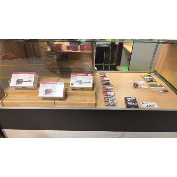 CONTENTS OF SHOWCASE INCLUDING; HOBBYWING QUICRUN 2435 BRUSHLESS MOTORS, TRAXXAS TITAN 180M R/C