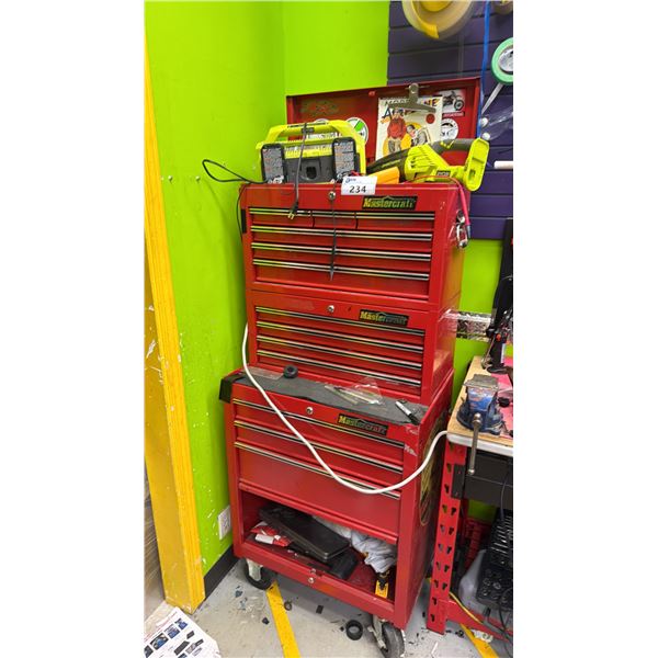 MASTERCRAFT 3-PC PORTABLE TOOLBOX WITH CONTENTS INCLUDING; RYOBI AIR COMPRESSOR, VACUUM & CHARGER