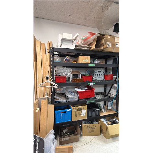 RACK OF ASSORTED CONTENTS & ASSORTED WOOD PIECES *RACK INCLUDED*