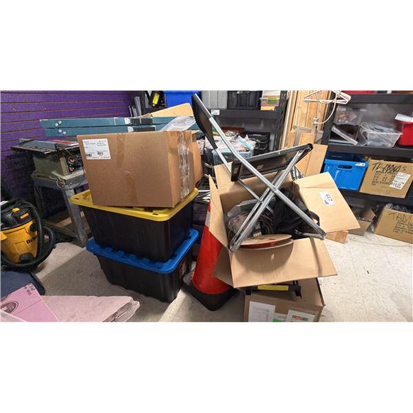 PILE OF ASSORTED ITEMS INCLUDING; RESERVED FOLDING CHAIRS, SAW HORSES & MORE *MUST TAKE ALL*
