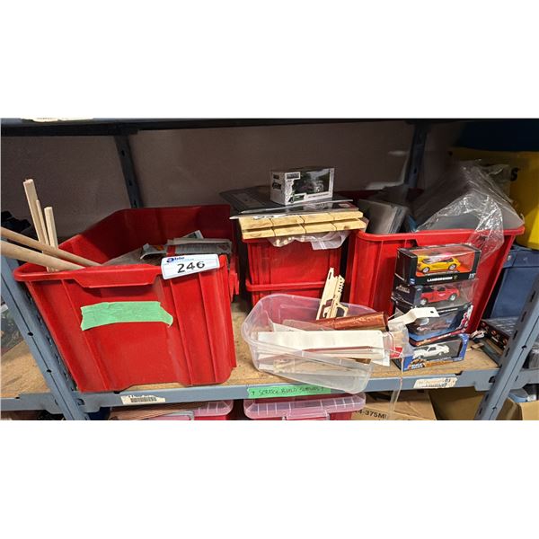 SHELF OF ASSORTED ITEMS INCLUDING; MODEL CARS, WOOD & MORE
